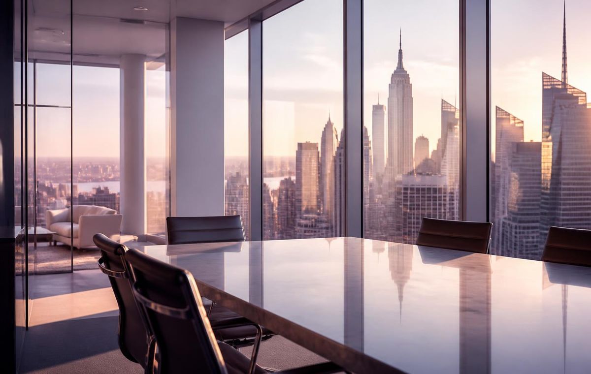 Manhattan corporate meeting room at golden hour