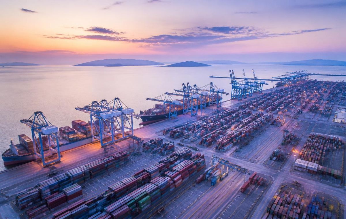 Container port operations at dusk