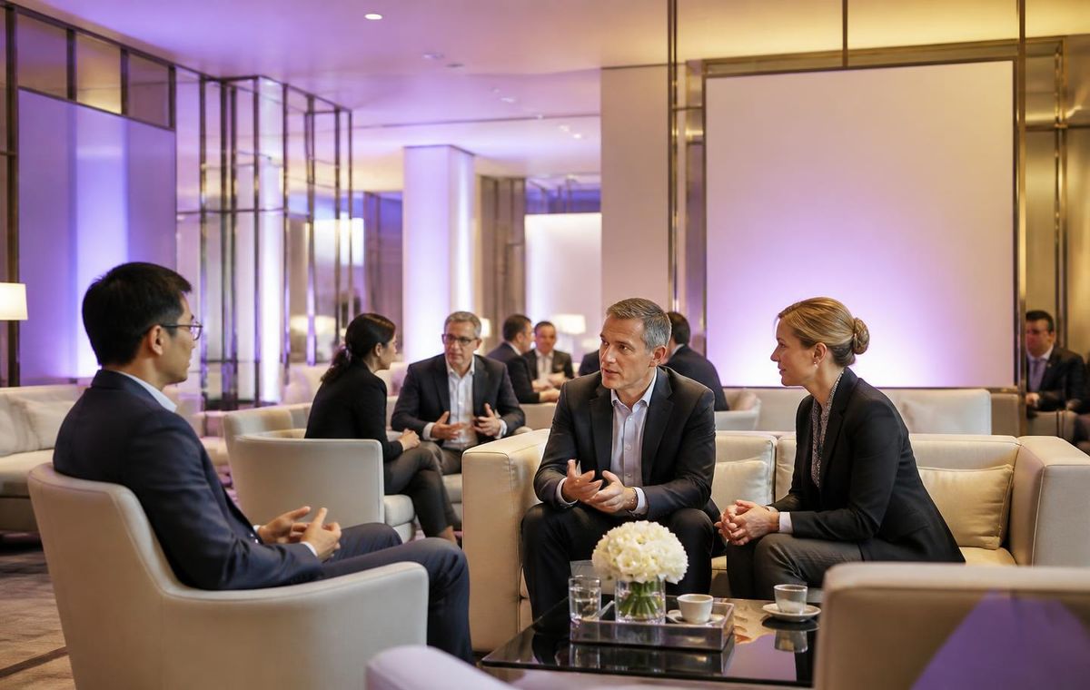 Executives in conversation in a premium sponsor hospitality lounge