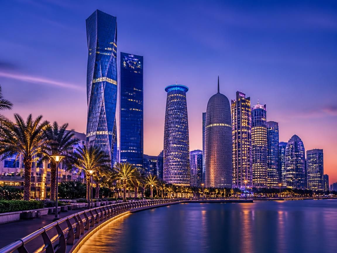 Gulf business district skyline at blue hour