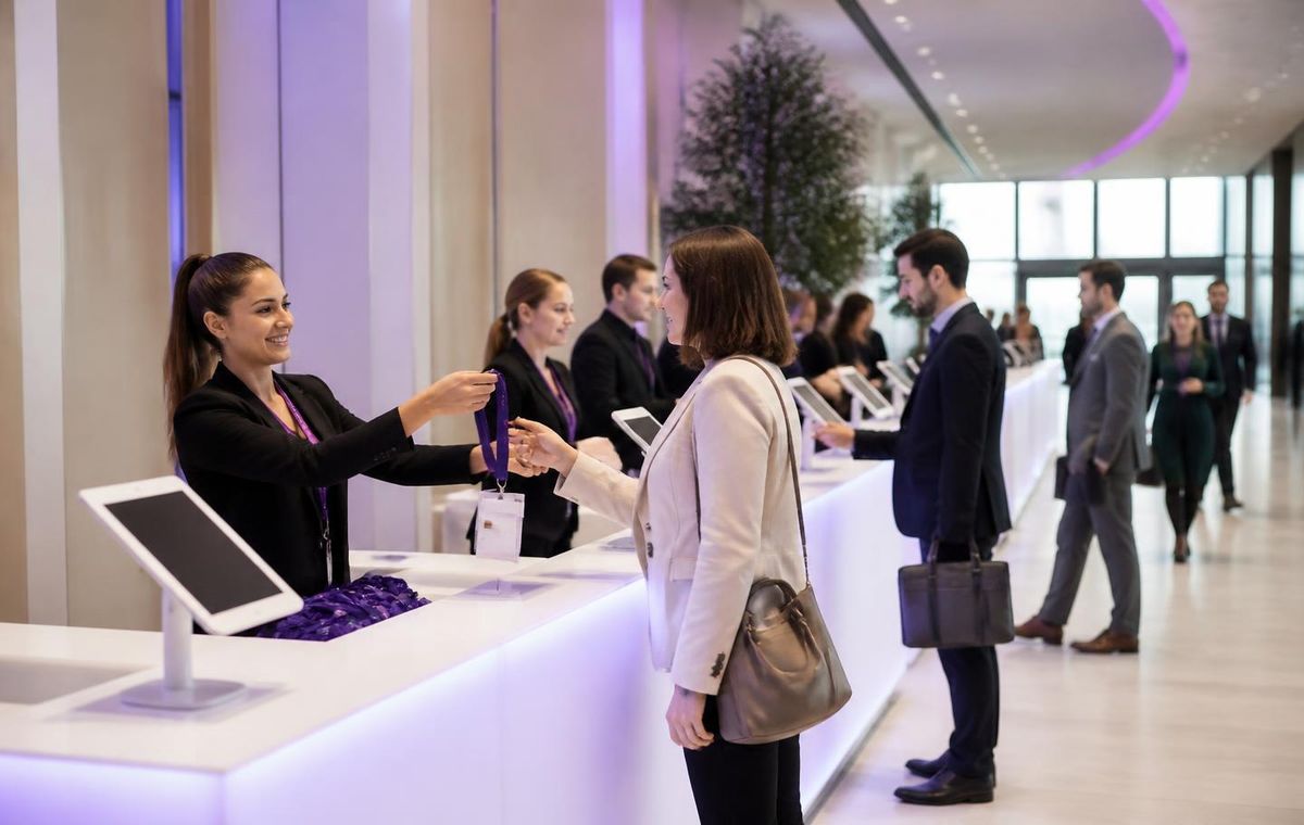 Delegates checking in at illuminated digital registration kiosks at a summit entrance