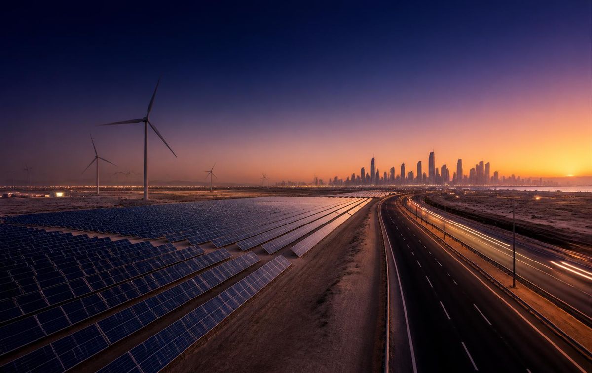 Solar array, wind turbines and highway infrastructure at dusk