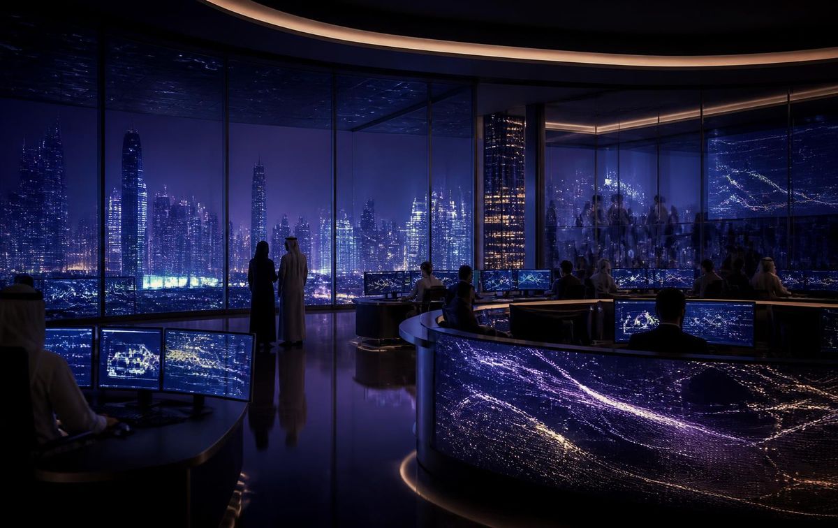 Gulf fintech and AI innovation hub at night