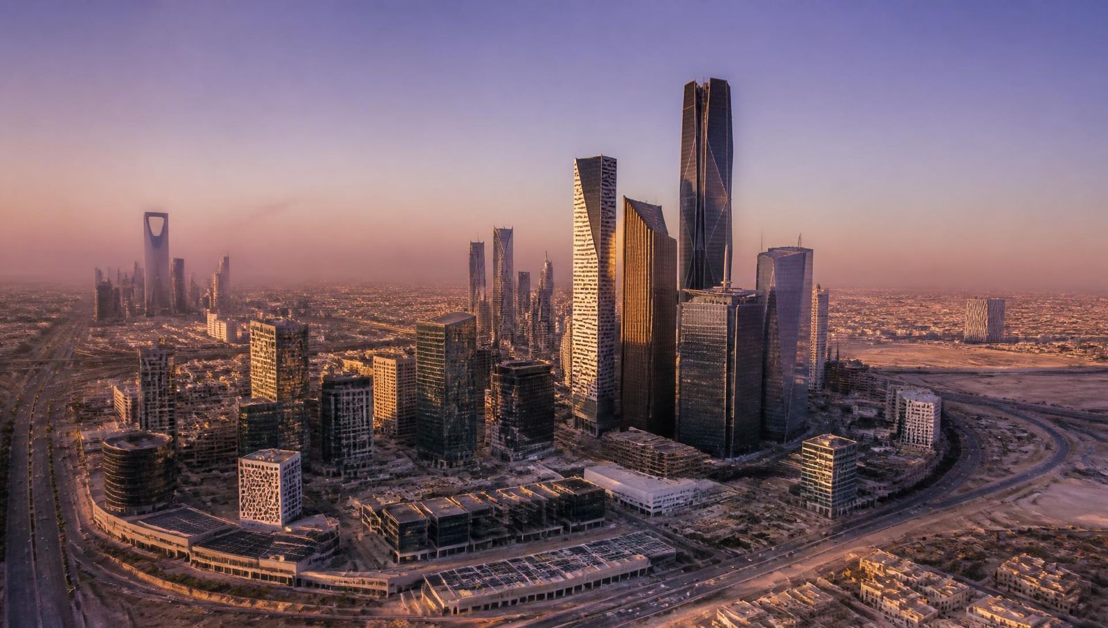 Modern Riyadh skyline at golden hour