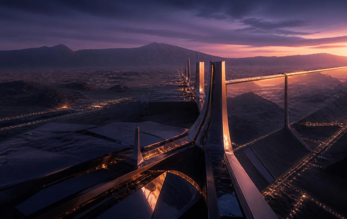 Futuristic desert giga-project architecture at dusk