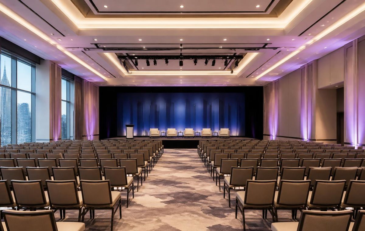 Elegant New York conference ballroom set with delegate seating facing a wide illuminated stage